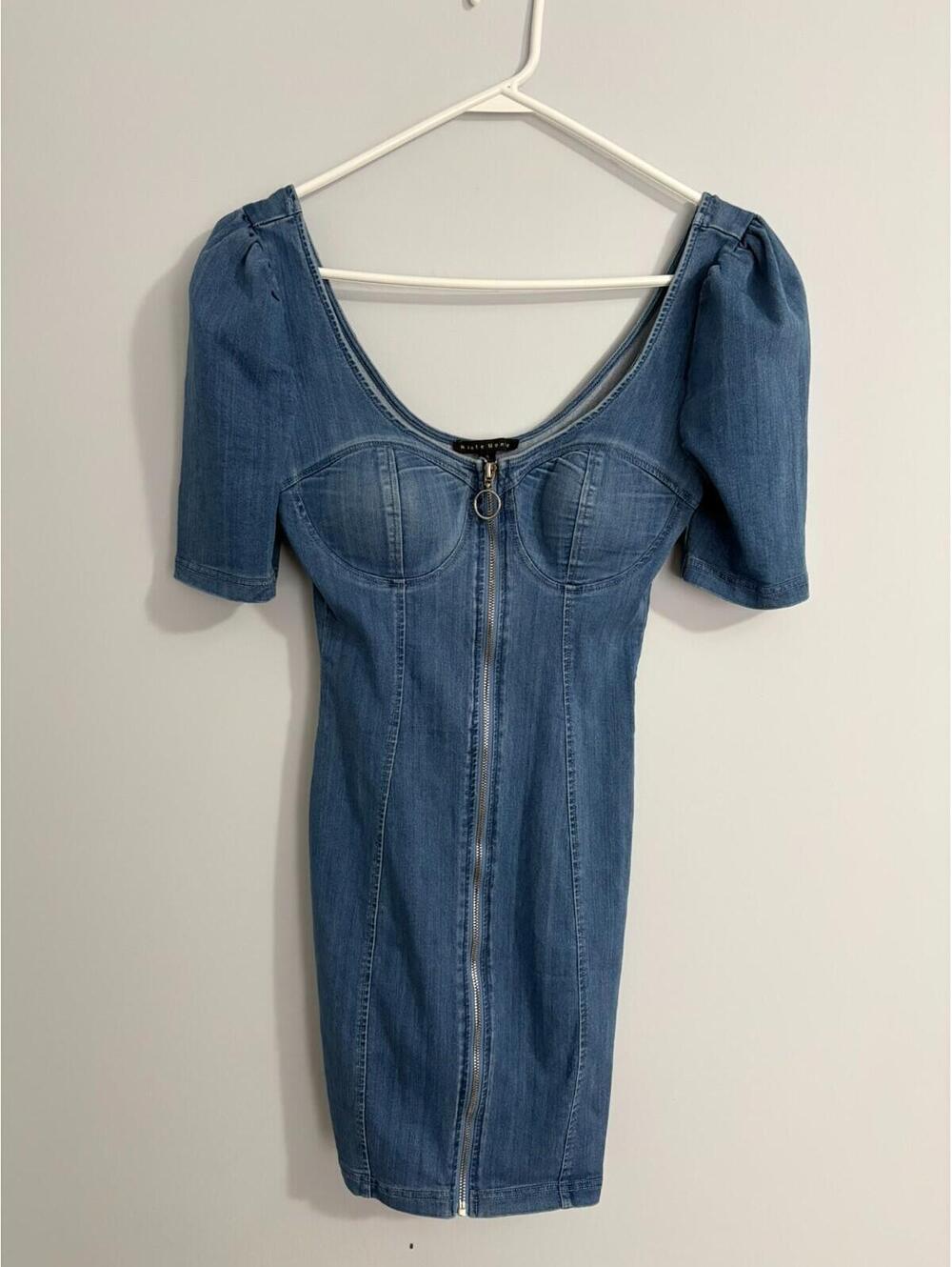 Haute Monde Denim Dress Bodycon Puff Sleeves Small Full Front Zipper Stretch